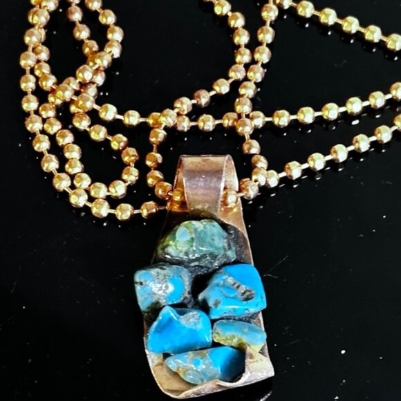 Kingman Turquoise Copper Pendant Necklace Brutalist Handmade NWT Gift Inlaid - Picture 1 of 7